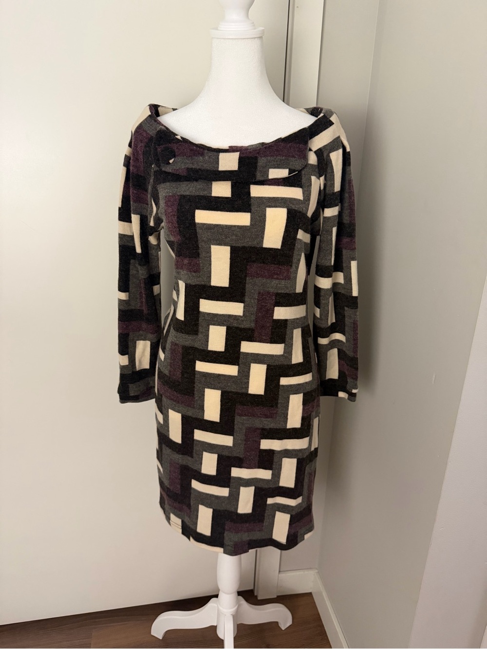 Vintage Geometric Retro Pattern Long Sleeve Knit Dress